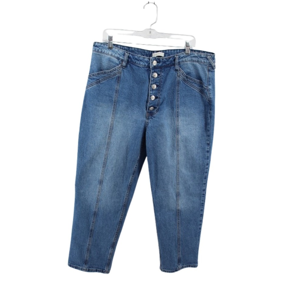 Cleo + Wolf High Rise Straight Jeans Womens 33 Blue Button Fly Cropped 27 Inseam